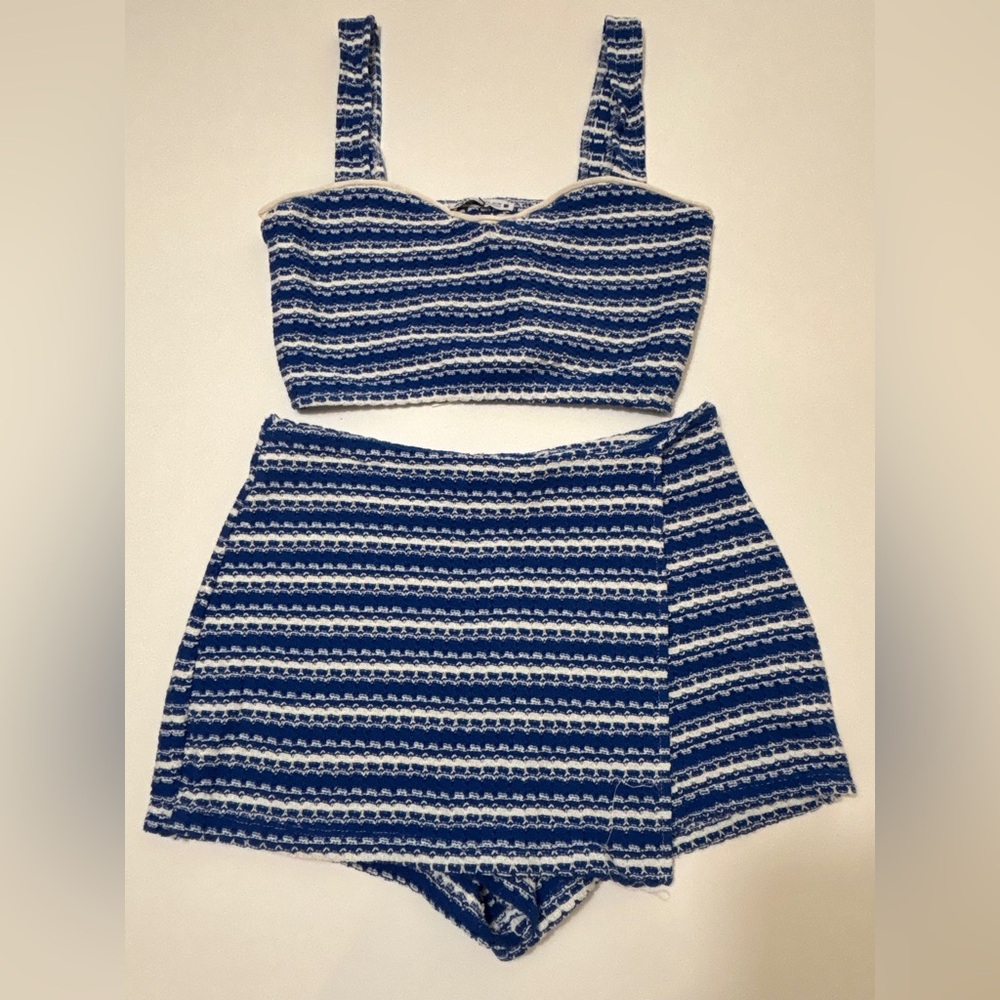 Zara Blue and White Striped Two-Piece Crop Top and Skort Set